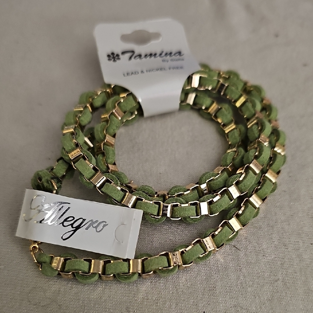 New Green Leather and Gold Women's Necklace